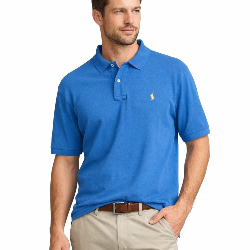 Polo‎ Ralph Lauren Mens Blue Pique Cotton Polo Shirt LT Tall Yellow Pony Logo